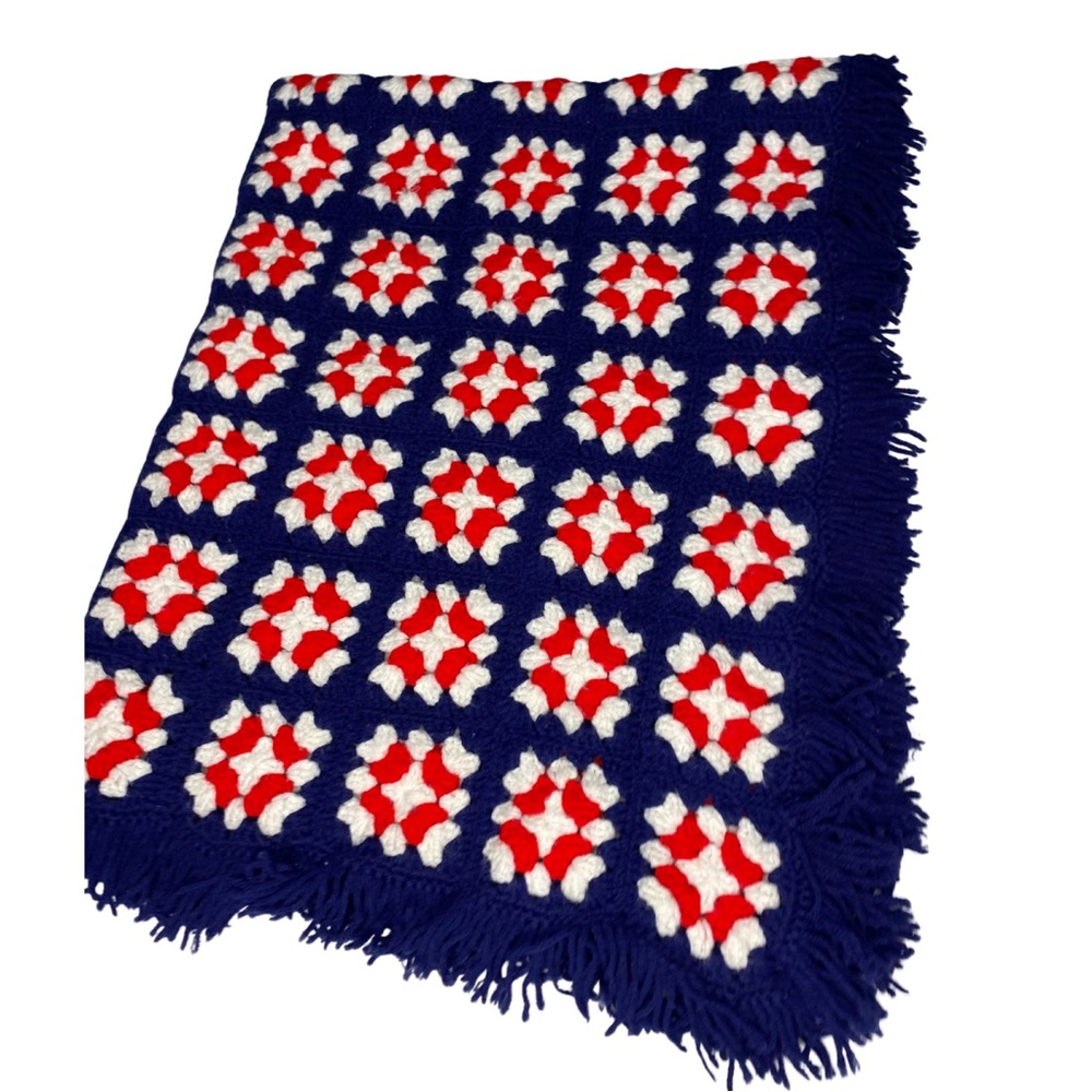 Vintage Handmade Crochet Blue White and Red Floral Pattern Afghan Granny Quilt